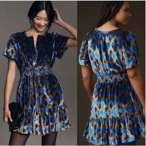 NWT Anthropologie Somerset Womens Short Sleeve Mini Dress Velvet Edition Blue XL